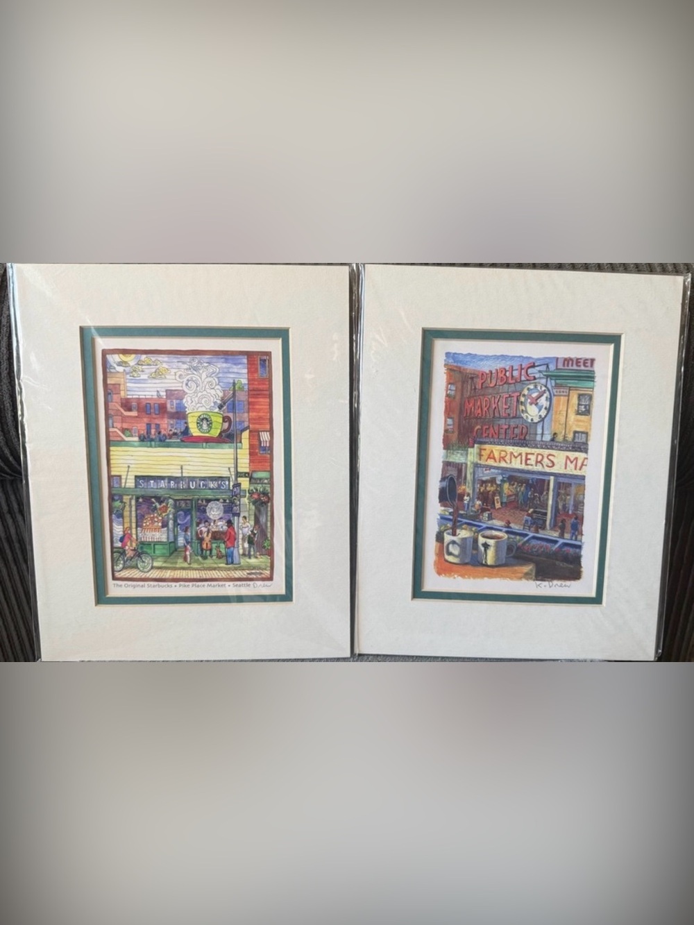 Lot of 2 Kim Drew New Starbucks Art Print Artist Signed Seattle Farmer’s Market